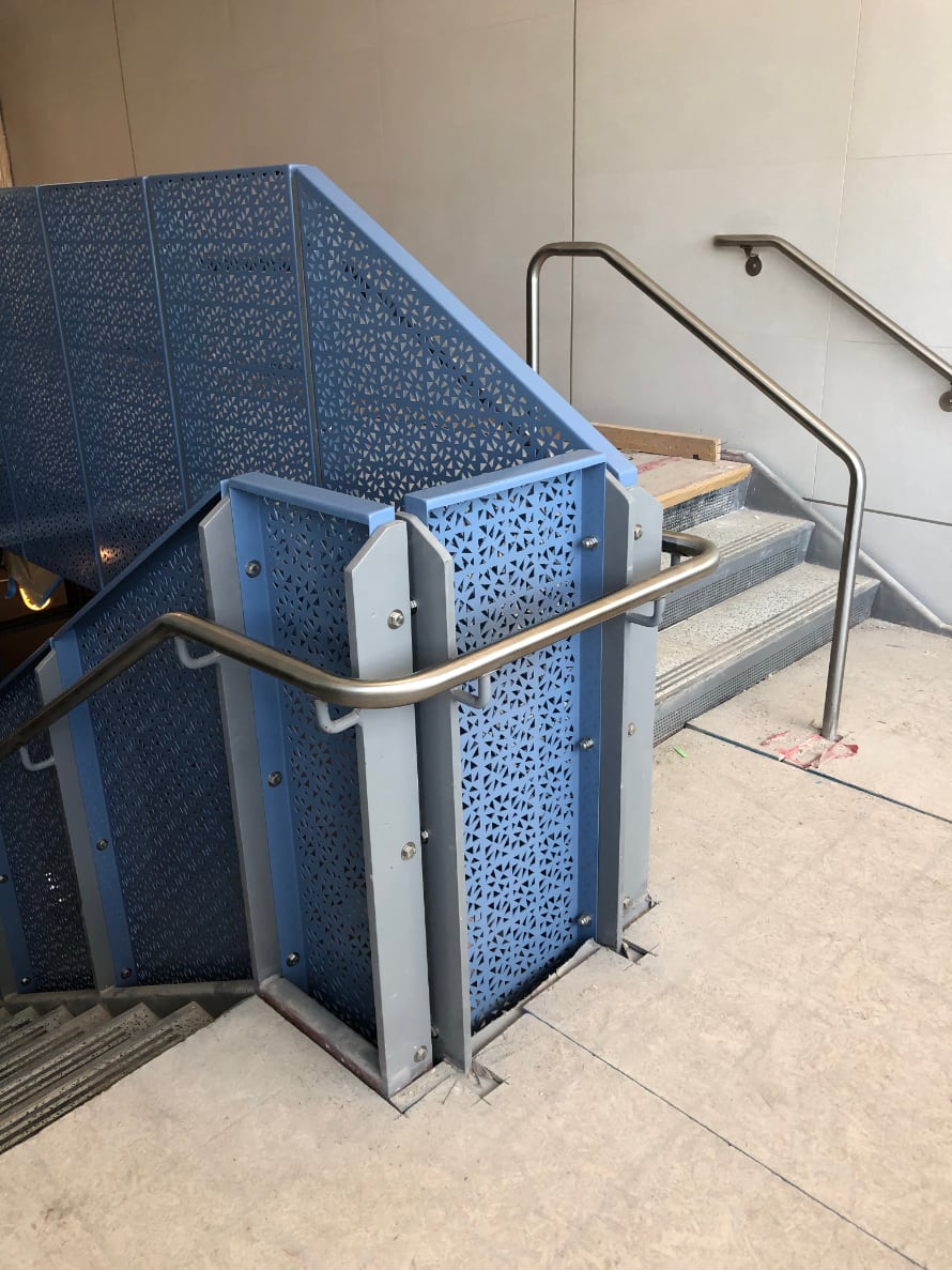 Shaker Jr High Stairs, Stainless Steel Rails, Laser Cut Perforated Panel Project
